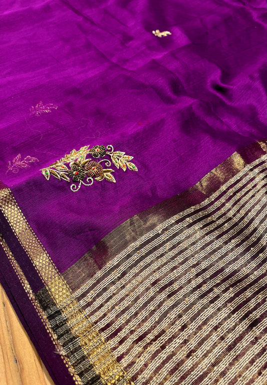 PURPLE COLOUR MAHESHWARI HAND EMBROIDERED SAREE EMBELLISHED WITH ZARDOZI & BEADS WORK