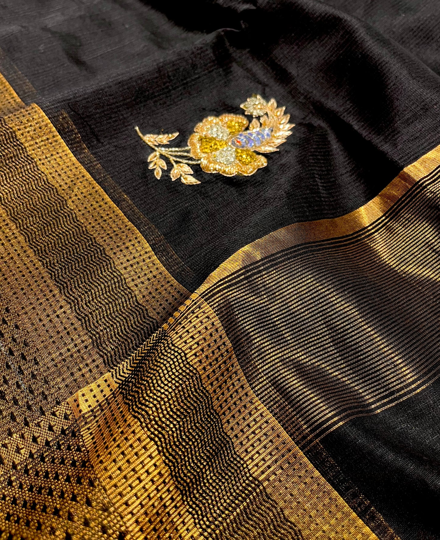 BLACK COLOUR MAHESHWARI HAND EMBROIDERED SAREE EMBELLISHED WITH ZARDOZI & CUTDANA WORK