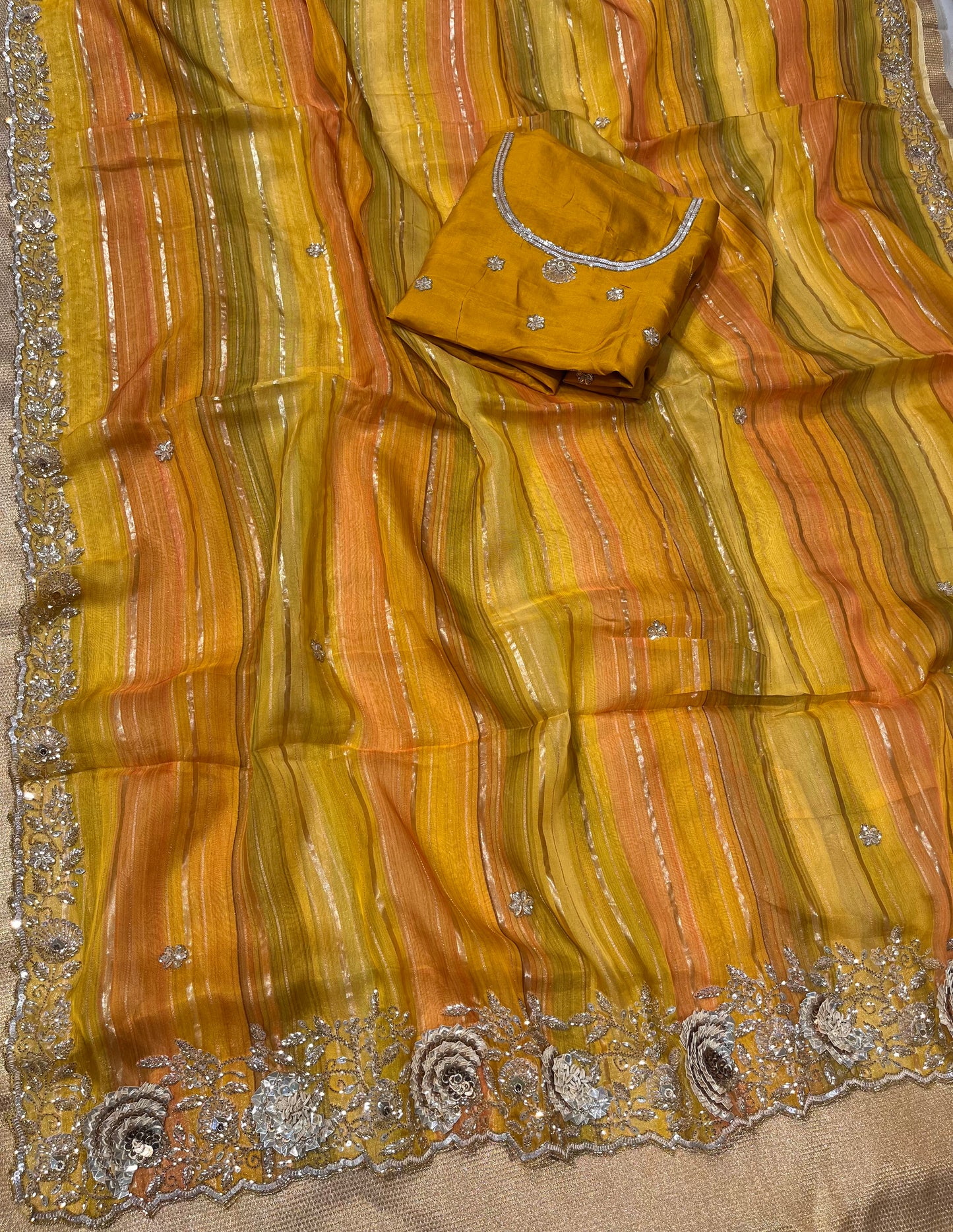 YELLOW COLOUR SHADED ORGANZA EMBROIDERED SAREE EMBELLISHED WITH CUTDANA & SEQUINS WORK