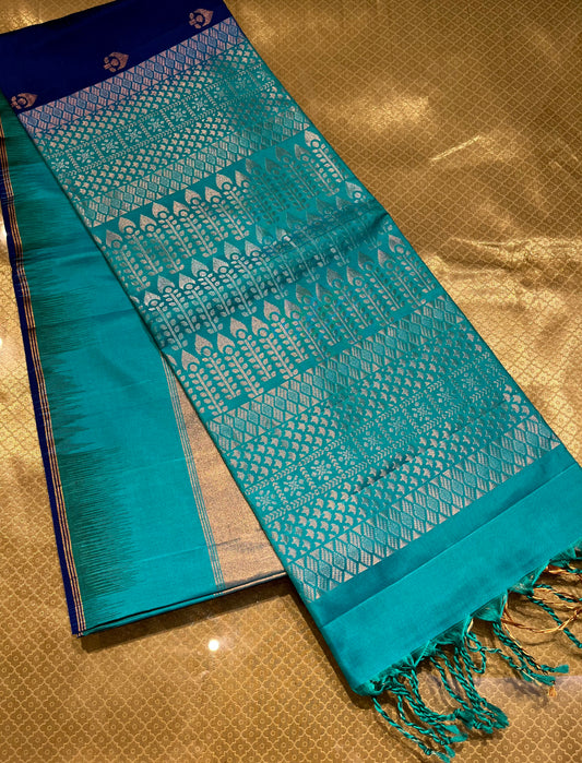 BLUE COLOUR PURE DHARMAVARAM SILK SAREE WITH CONTRAST BORDER & PALLA EMBELLISHED WITH ZARI WEAVES