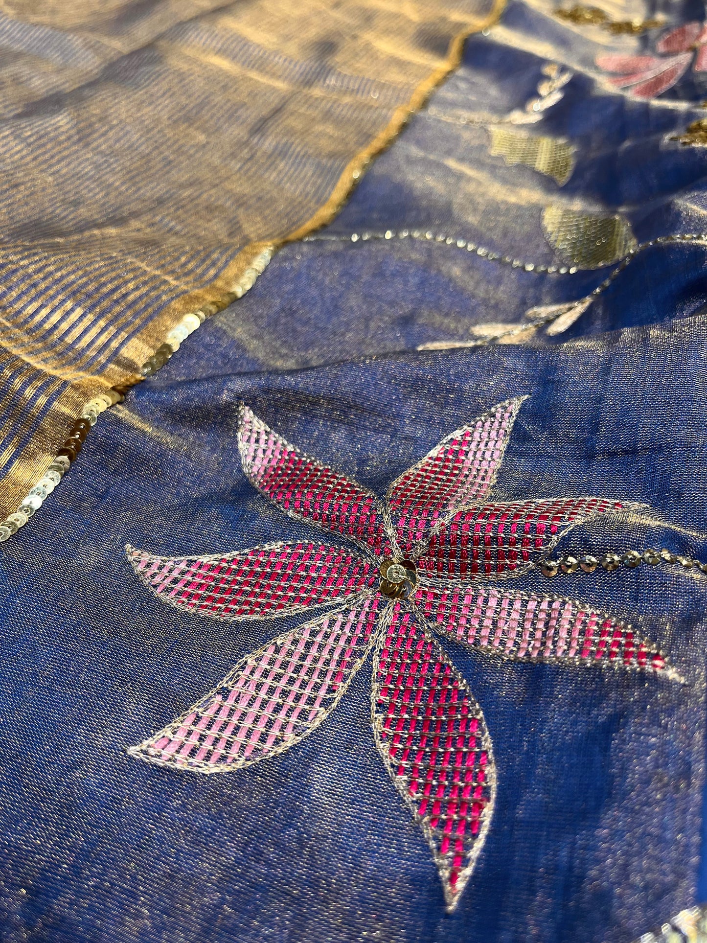 BLUE COLOUR CHANDERI TISSUE HAND EMBROIDERED SAREE EMBELLISHED WITH RESHAM & SEQUINS WORK