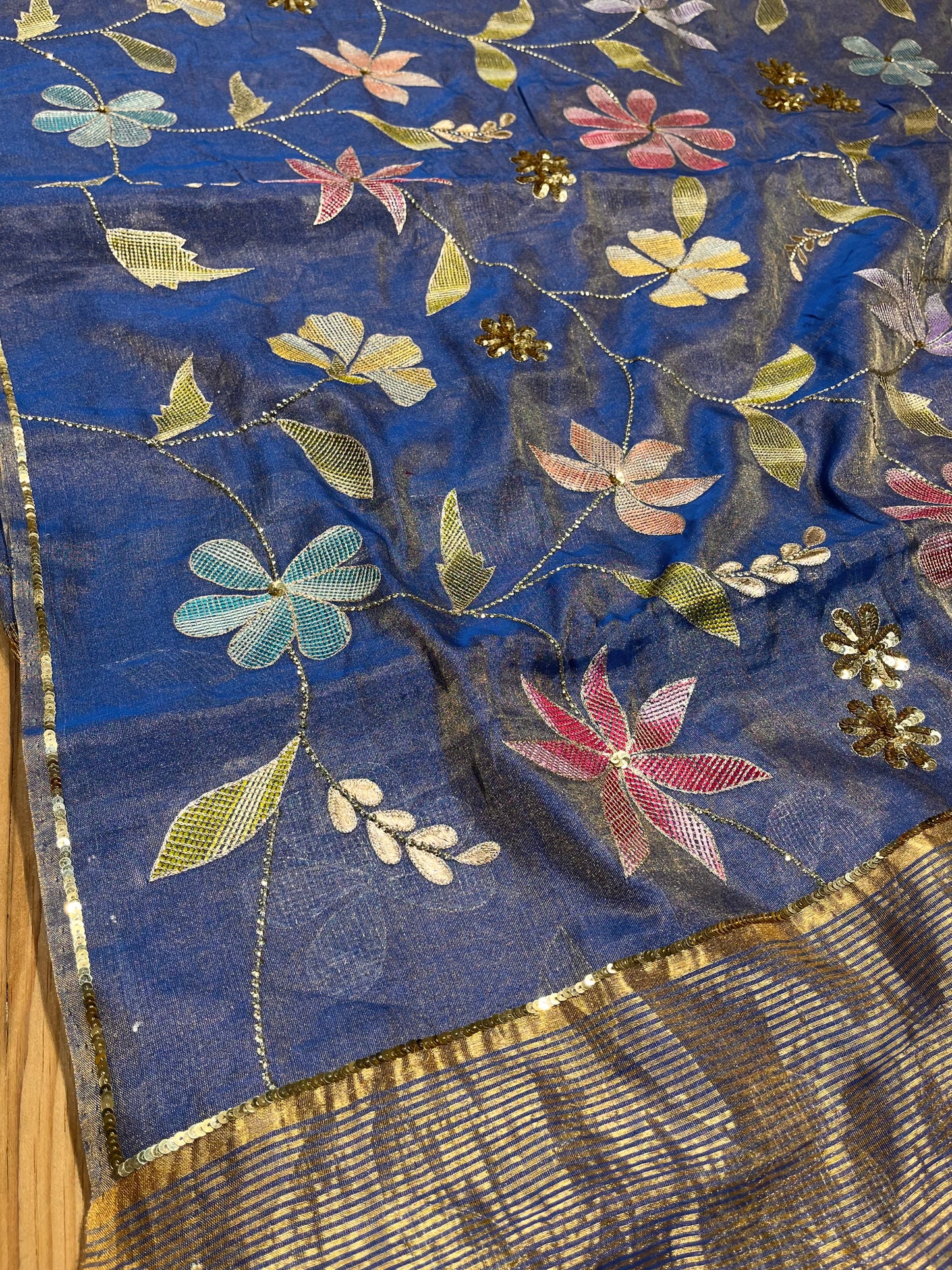 BLUE COLOUR CHANDERI TISSUE HAND EMBROIDERED SAREE EMBELLISHED WITH RESHAM & SEQUINS WORK