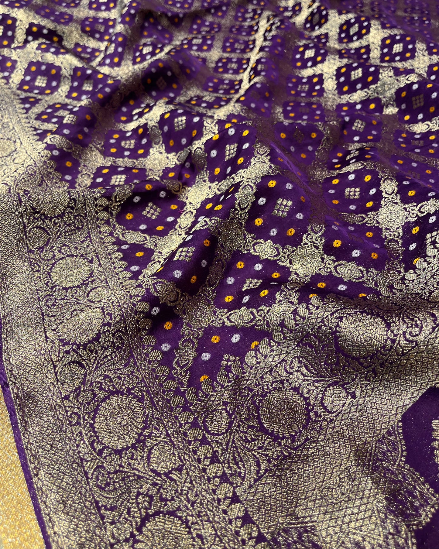 ( DELIVERY IN 25 DAYS ) PURPLE COLOUR SATIN ORGANZA GHARCHOLA BANDHANI SAREE EMBELLISHED WOTH ZARI WEAVES