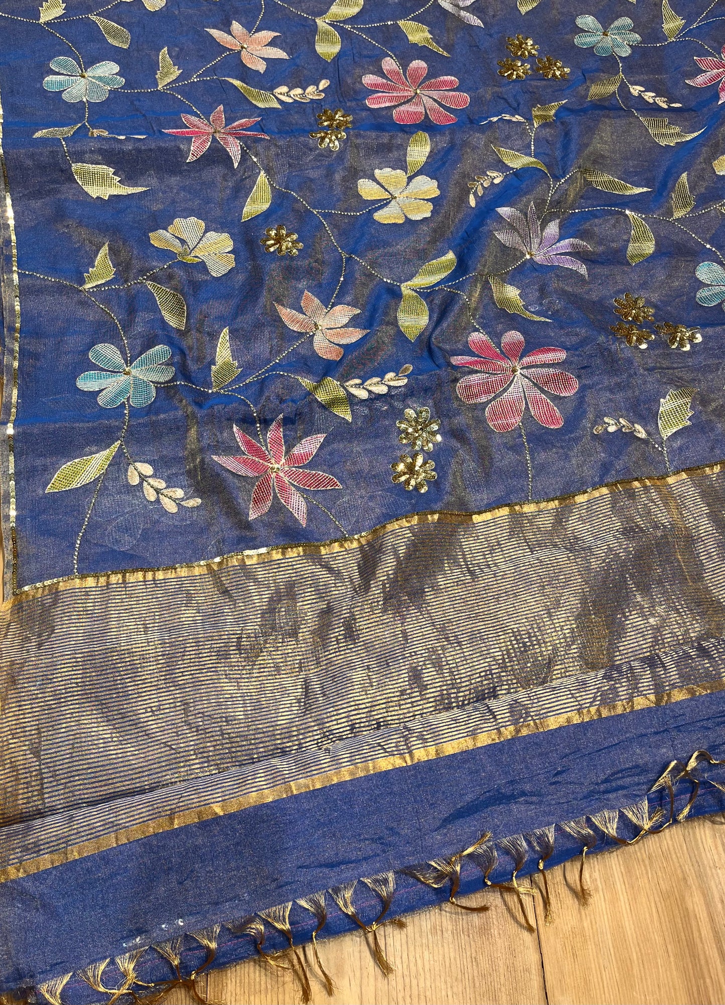 BLUE COLOUR CHANDERI TISSUE HAND EMBROIDERED SAREE EMBELLISHED WITH RESHAM & SEQUINS WORK