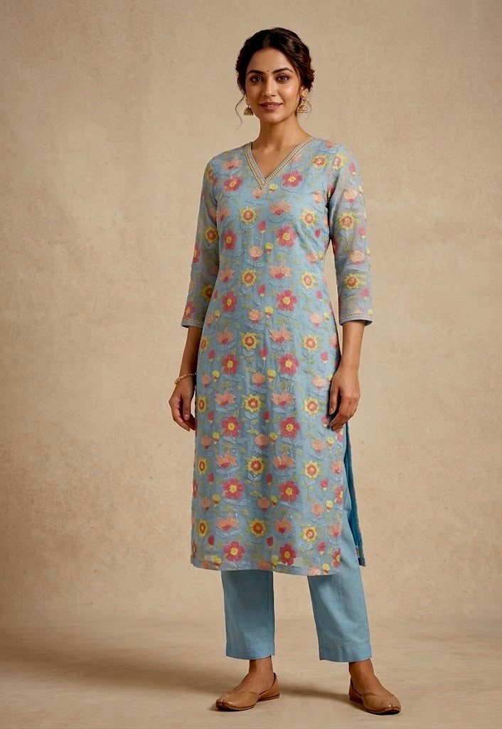 POWDER BLUE MUL CHANDERI EMBROIDERED UNSTITCHED CO-ORD SET EMBELLISHED WITH RESHAM WORK & COTTON BOTTOM BY SIDDHAIKA - Kothari Sons