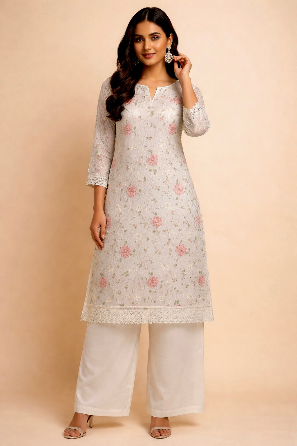 WHITE COLOUR MUL CHANDERI EMBROIDERED UNSTITCHED CO-ORD SET EMBELLISHED WITH RESHAM WORK BY SIDDHAIKA - Kothari Sons