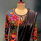 ( DELIVERY IN 20-25 DAYS ) BLACK COLOUR CREPE SILK BEADS EMBROIDERED SAREE WITH READYMADE PRINTED BLOUSE AND SHRUG