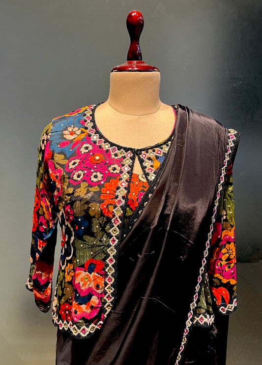 BLACK COLOUR CREPE SILK BEADS EMBROIDERED SAREE WITH READYMADE PRINTED BLOUSE AND SHRUG