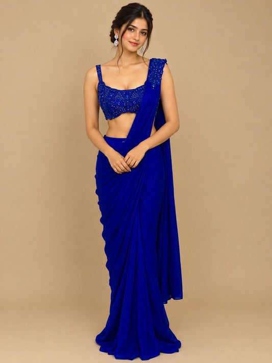 ROYAL BLUE COLOUR CHINON READYMADE SAREE WITH EMBROIDERED BLOUSE EMBELLISHED WITH BEADS & SEQUINS WORK