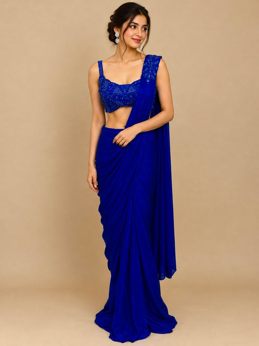 ROYAL BLUE COLOUR CHINON READYMADE SAREE WITH EMBROIDERED BLOUSE EMBELLISHED WITH BEADS & SEQUINS WORK