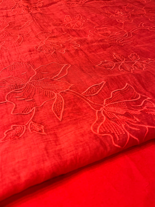 RED COLOUR MUL CHANDERI EMBROIDERED UNSTITCHED CO-ORD SET EMBELLISHED WITH RESHAM WORK & COTTON BOTTOM BY SIDDHAIKA - Kothari Sons