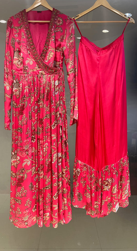 (DELIVERY IN 25 DAYS) PINK COLOUR CHINON PRINTED ANGRAKHA KURTA WITH PANT EMBELLISHED WITH BEADS WORK