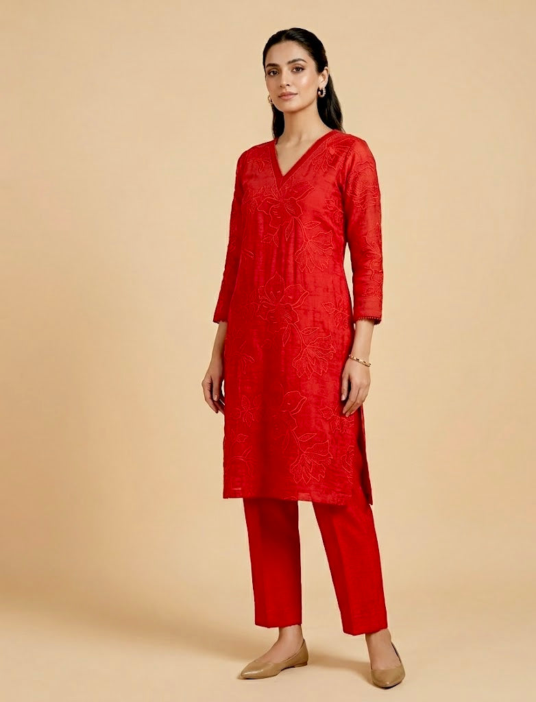 RED COLOUR MUL CHANDERI EMBROIDERED UNSTITCHED CO-ORD SET EMBELLISHED WITH RESHAM WORK & COTTON BOTTOM BY SIDDHAIKA - Kothari Sons