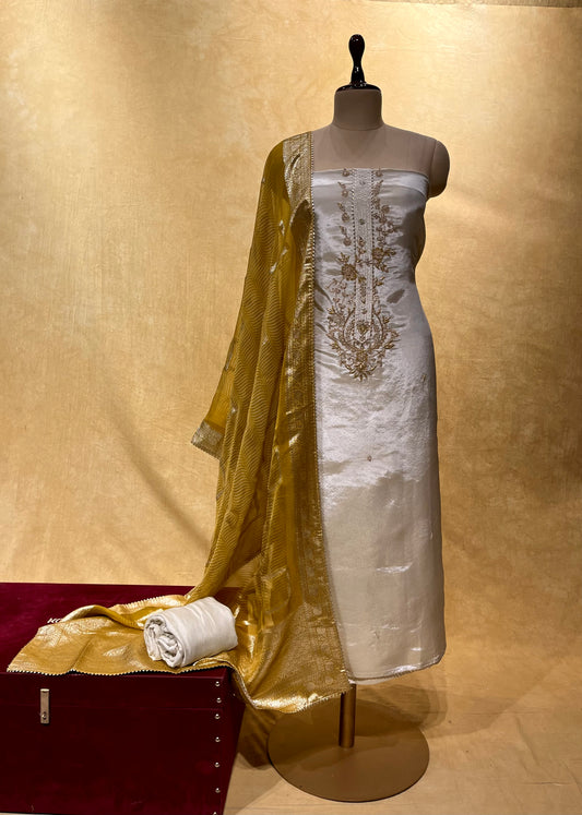 OFF WHITE COLOR GEORGETTE TISSUE UNSTITCHED SUIT WITH CONTRAST ORGANZA DUPATTA EMBELLISHED WITH ZARDOZI WORK