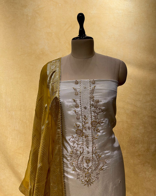 OFF WHITE COLOR GEORGETTE TISSUE UNSTITCHED SUIT WITH CONTRAST ORGANZA DUPATTA EMBELLISHED WITH ZARDOZI WORK