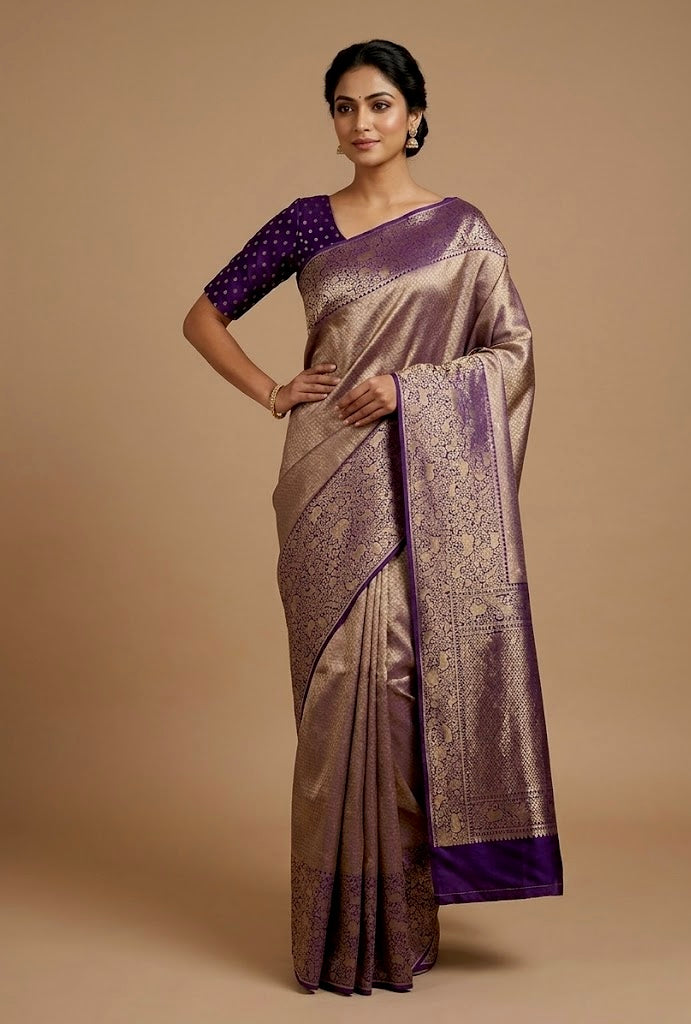 PURPLE COLOUR PLANT BASED SILK BROCADE SAREE EMBELLISHED WITH ZARI WEAVES - Kothari Sons