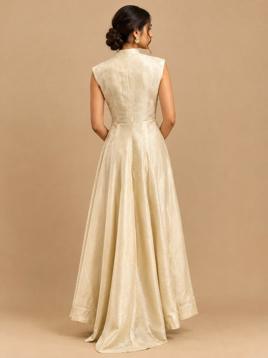 OFF WHITE SILK HIGH-LOW INDOWESTERN TALL DRESS EMBELLISHED WITH BEADS WORK ( PANT WITH CROP TOP BLOUSE & SHRUG )