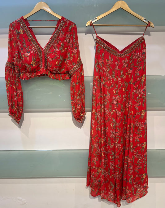RED COLOUR CHINON FLORAL PRINTED PALAZZO WITH CROP TOP BLOUSE EMBELLISHED WITH CUTDANA WORK