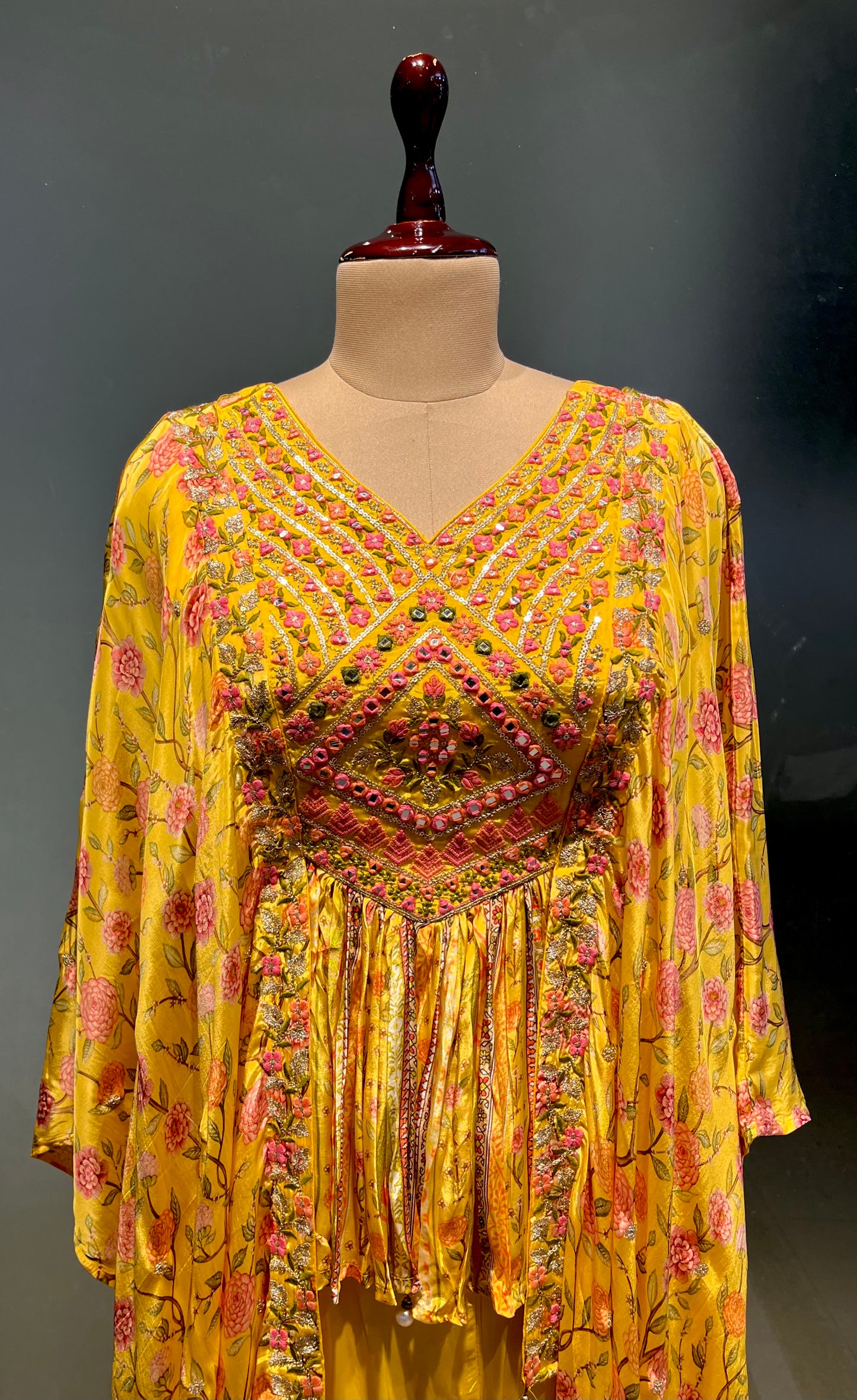 YELLOW COLOUR FLORAL PRINTED MIRROR WORK TUNIC WITH CREPE PALAZZO PANT