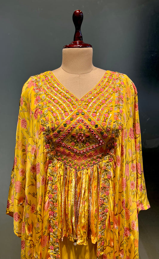 YELLOW COLOUR FLORAL PRINTED MIRROR WORK TUNIC WITH CREPE PALAZZO PANT