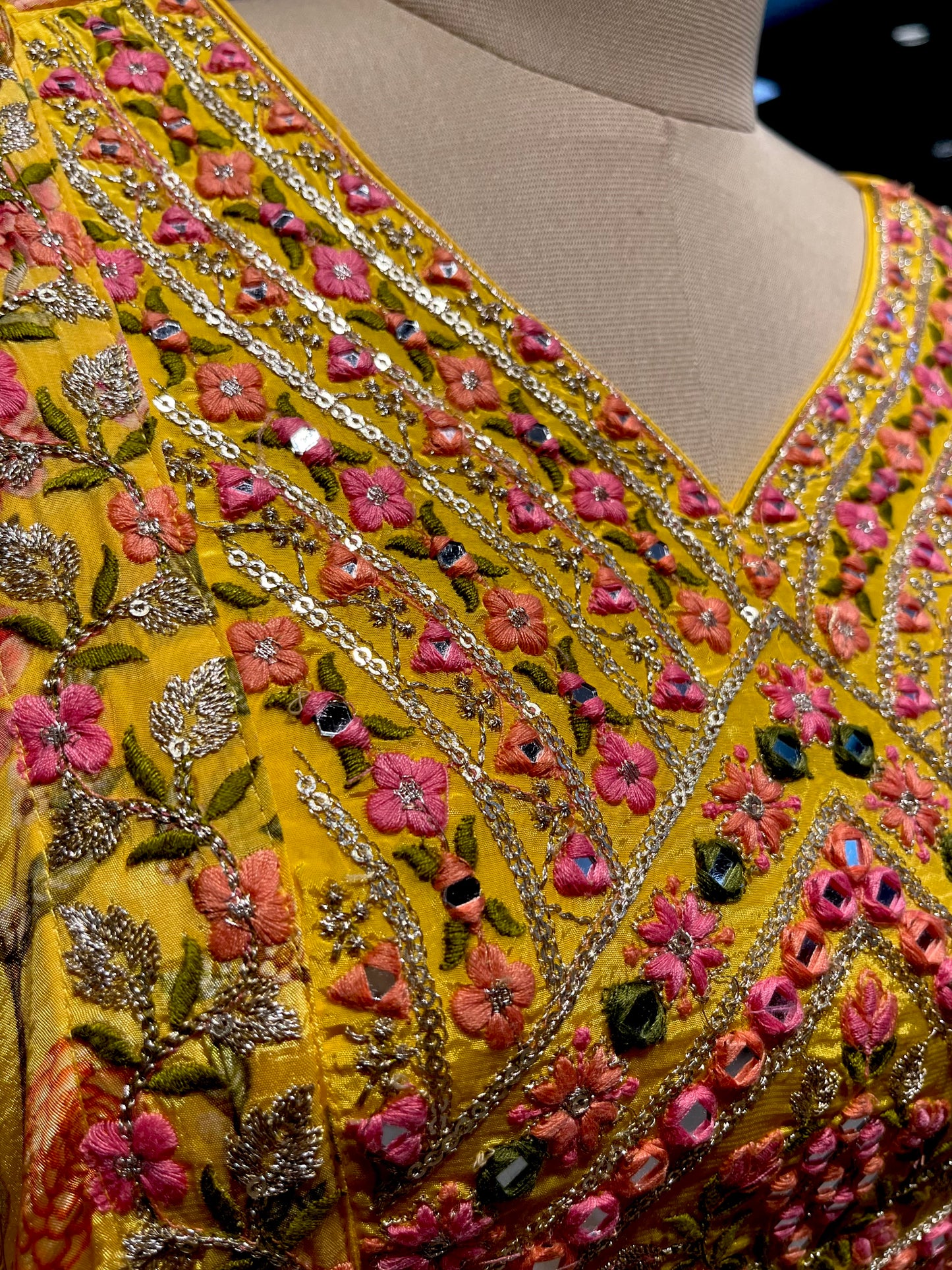 YELLOW COLOUR FLORAL PRINTED MIRROR WORK TUNIC WITH CREPE PALAZZO PANT