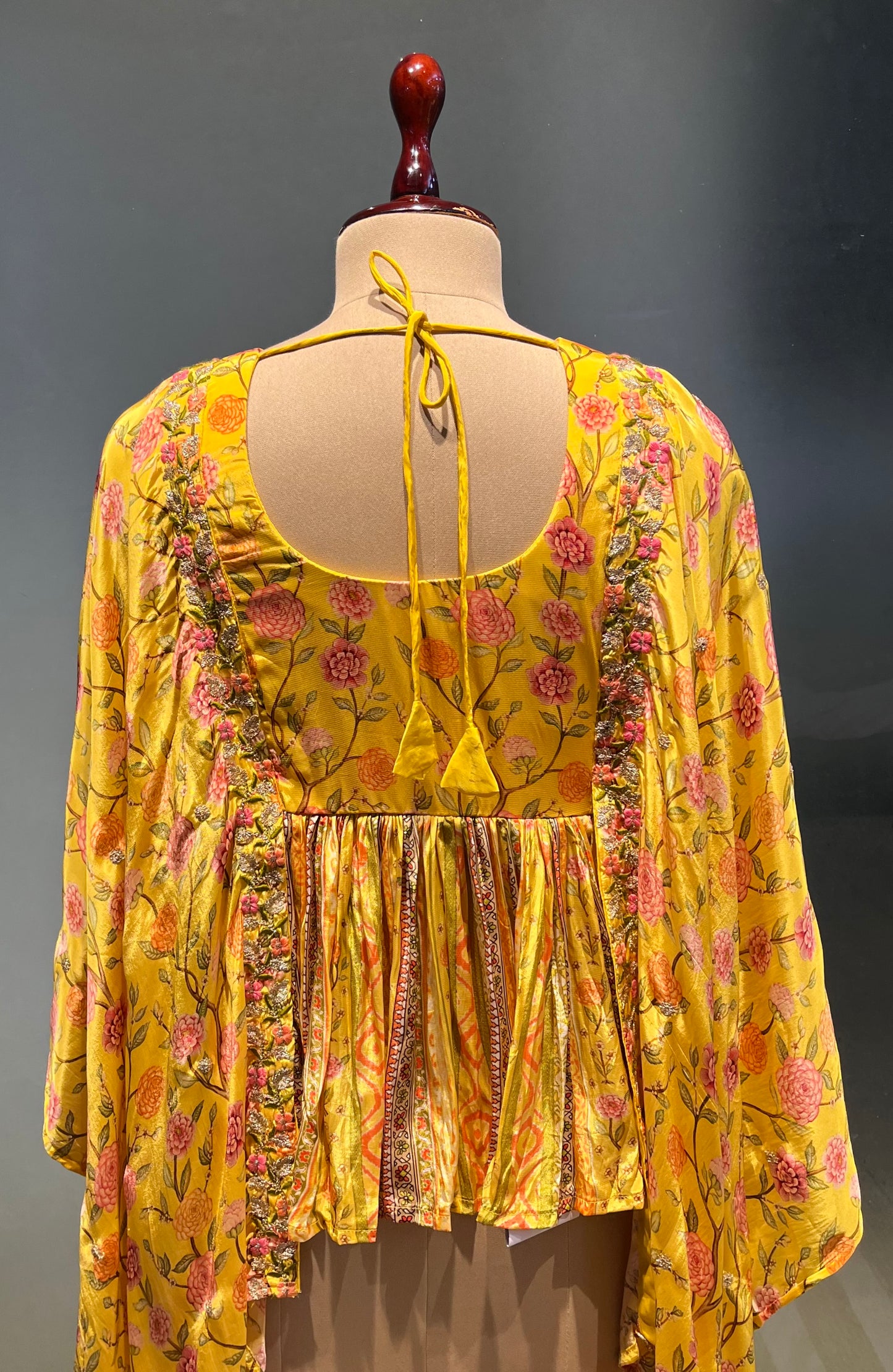 YELLOW COLOUR FLORAL PRINTED MIRROR WORK TUNIC WITH CREPE PALAZZO PANT