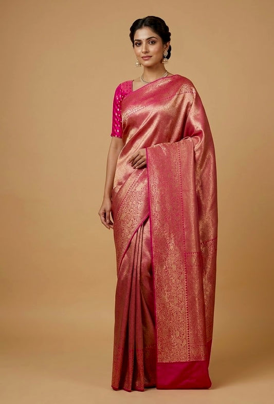 PINK COLOUR PLANT BASED SILK BROCADE SAREE EMBELLISHED WITH ZARI WEAVES - Kothari Sons