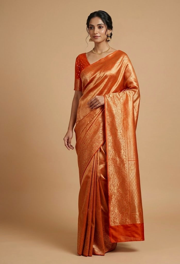 ORANGE COLOUR PLANT BASED BROCADE SAREE eWITH ZARI WEAVES - Kothari Sons