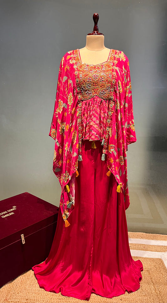 HOT PINK COLOUR CREPE SILK FLORAL PRINTED MIRROR EORK TUNIC & PALAZZO PANT