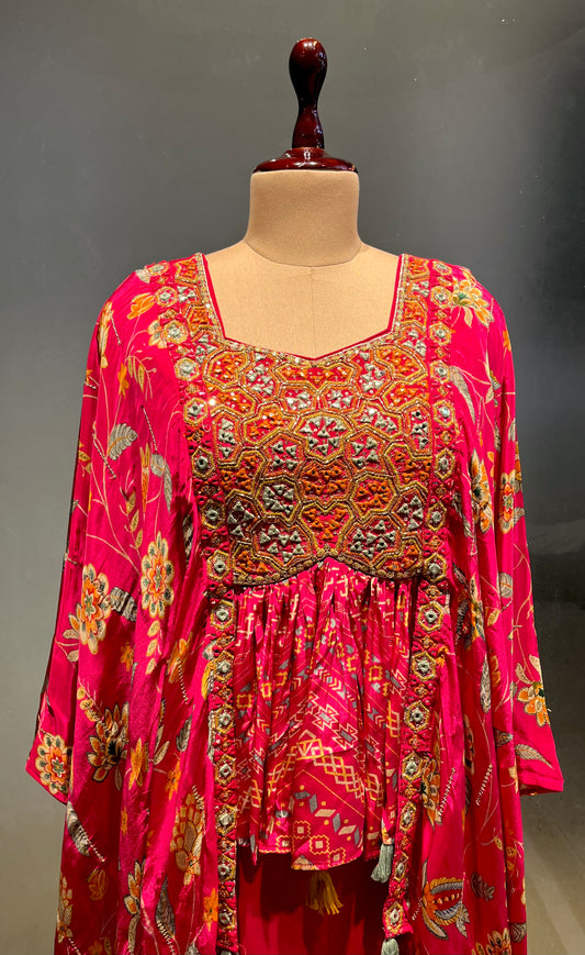 HOT PINK COLOUR CREPE SILK FLORAL PRINTED MIRROR EORK TUNIC & PALAZZO PANT