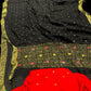 BLACK CHINON FABRIC BANARASI BORDER MIRROR WORK SAREE WITH CONTRAST BLOUSE