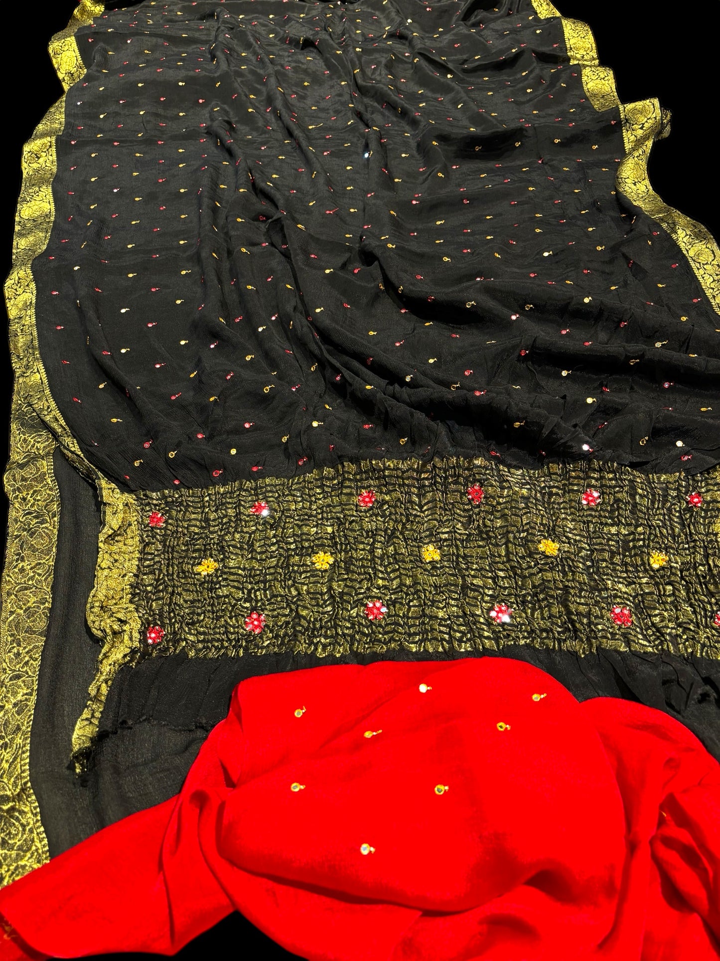 BLACK CHINON FABRIC BANARASI BORDER MIRROR WORK SAREE WITH CONTRAST BLOUSE
