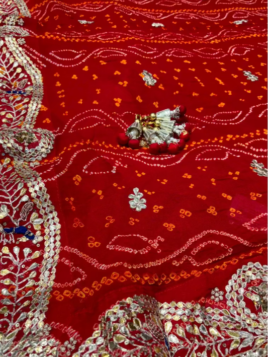 RED PURE OJARIYA BANDHANI SAREE WITH GOTA PATTI & ZARDOZI EMBROIDERED BORDER
