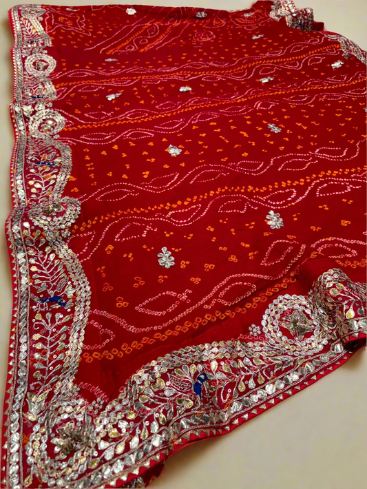 RED PURE OJARIYA BANDHANI SAREE WITH GOTA PATTI & ZARDOZI EMBROIDERED BORDER