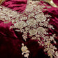 WINE COLOUR VELVET ZARDOZI HAND EMBROIDERED UNSTITCHED SUIT & KORA SILK DUPATTA & CREPE SILK BOTTOM