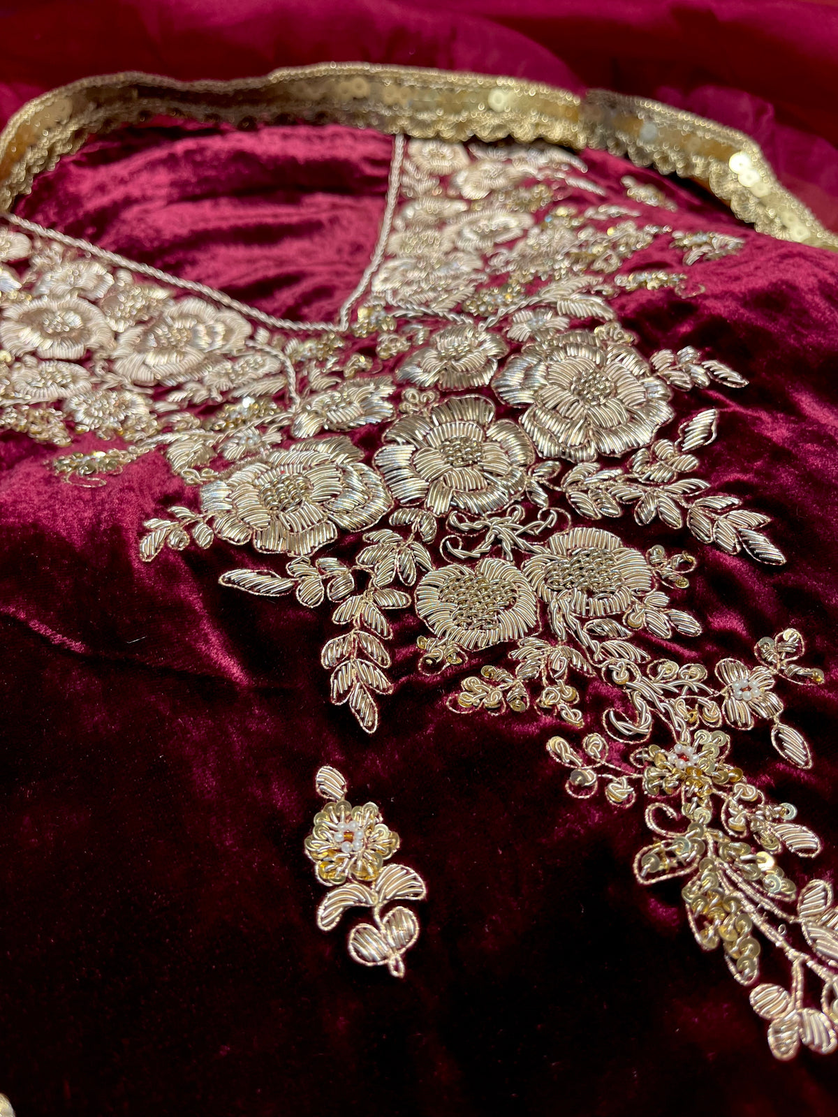 WINE COLOUR VELVET ZARDOZI HAND EMBROIDERED UNSTITCHED SUIT & KORA SILK DUPATTA & CREPE SILK BOTTOM