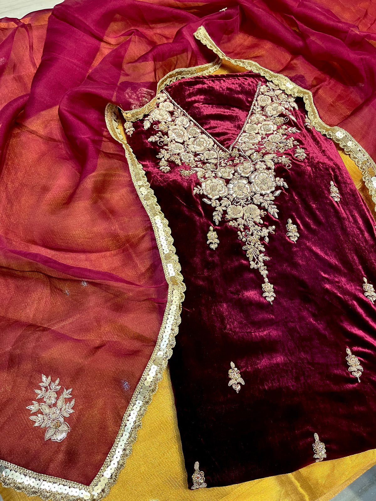 WINE COLOUR VELVET ZARDOZI HAND EMBROIDERED UNSTITCHED SUIT & KORA SILK DUPATTA & CREPE SILK BOTTOM