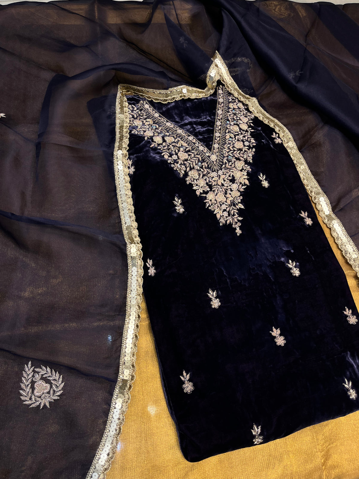 BLUE COLOUR VELVET UNSTITCHED ZARDOZI EMBROIDERED SUIT WITH KORA SILK DUPATTA & CREPE SILK BOTTOM