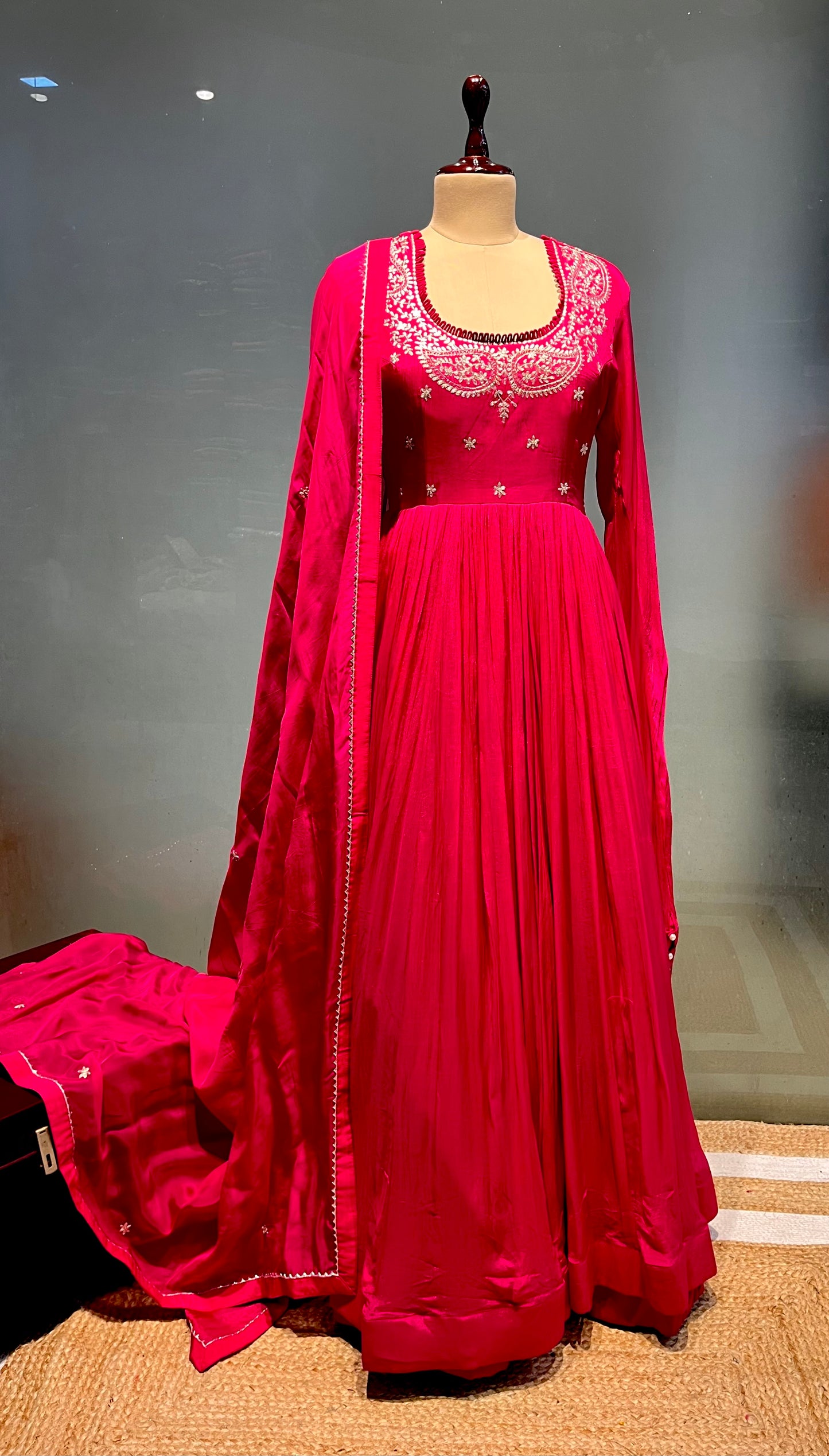 HOT PINK COLOUR CHINON FLOOR LENGTH SUIT & ORGANZA DUPATTA EMBELLISHED WITH PITTA WORK