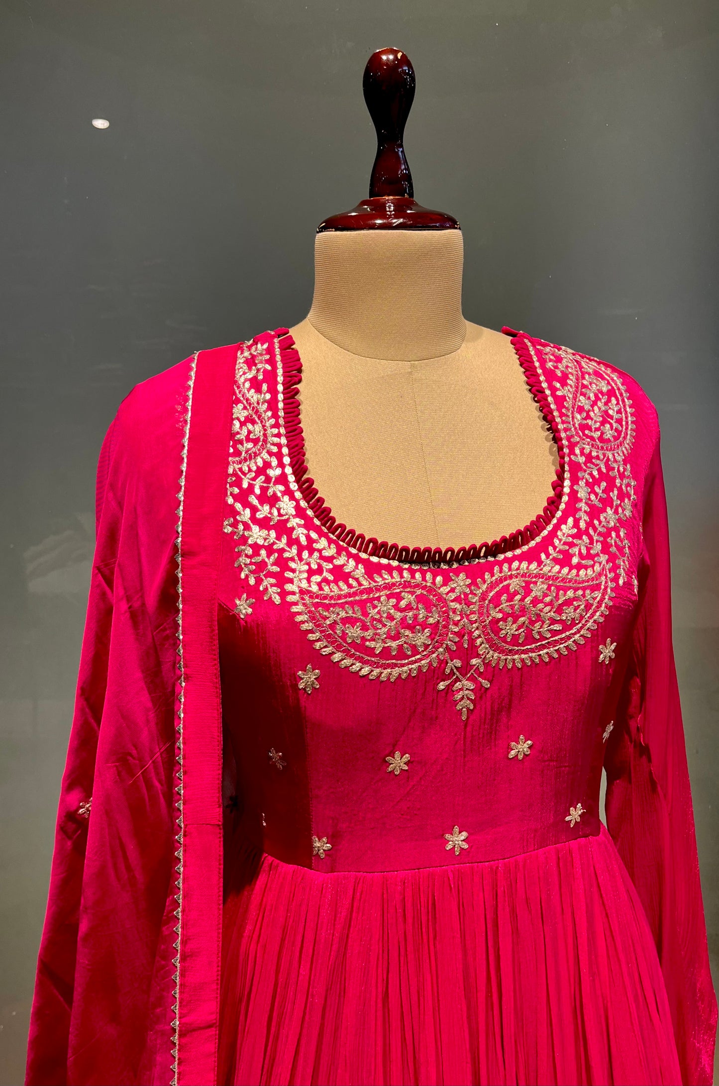 HOT PINK COLOUR CHINON FLOOR LENGTH SUIT & ORGANZA DUPATTA EMBELLISHED WITH PITTA WORK