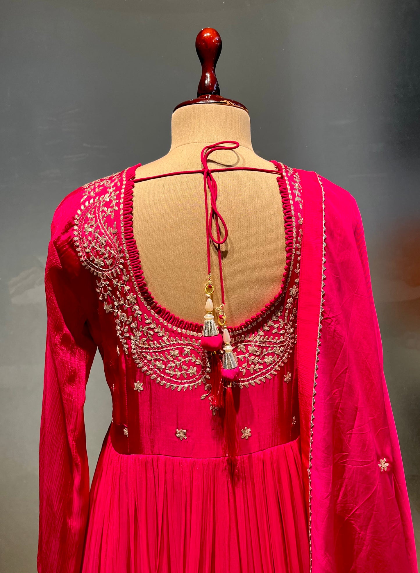 HOT PINK COLOUR CHINON FLOOR LENGTH SUIT & ORGANZA DUPATTA EMBELLISHED WITH PITTA WORK