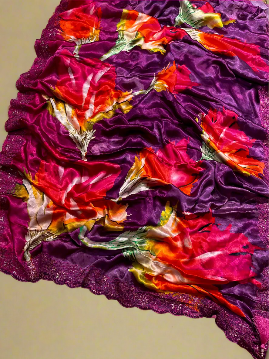 PURPLE CHINON SATIN PRINTED SAREE WITH RESHAM EMBROIDERED BORDER