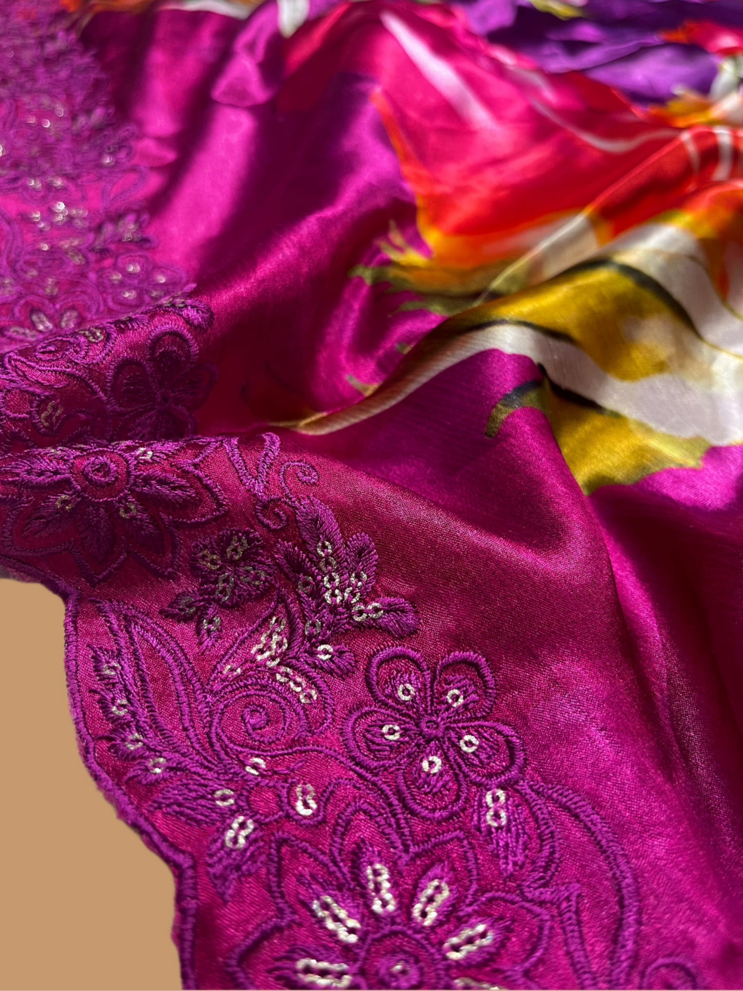 PURPLE CHINON SATIN PRINTED SAREE WITH RESHAM EMBROIDERED BORDER