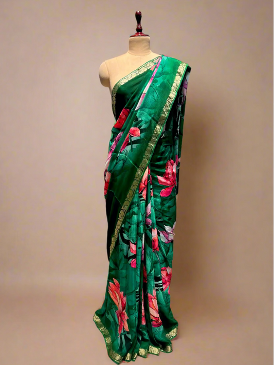 BOTTLE GREEN PRINTED CHINNON SAREE WITH CREPE BLOUSE