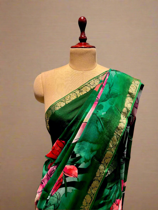 BOTTLE GREEN PRINTED CHINNON SAREE WITH CREPE BLOUSE