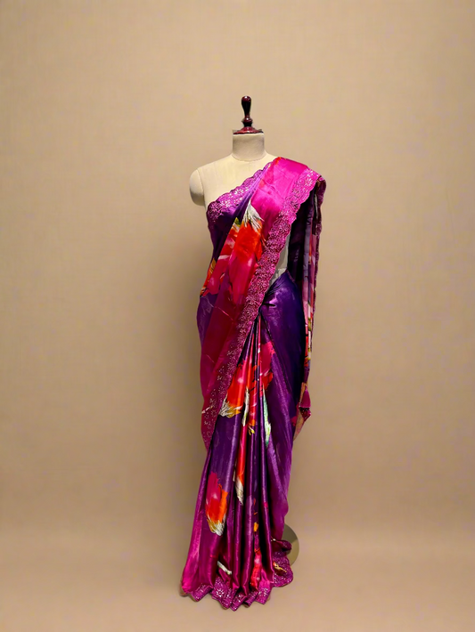 PURPLE CHINON SATIN PRINTED SAREE WITH RESHAM EMBROIDERED BORDER