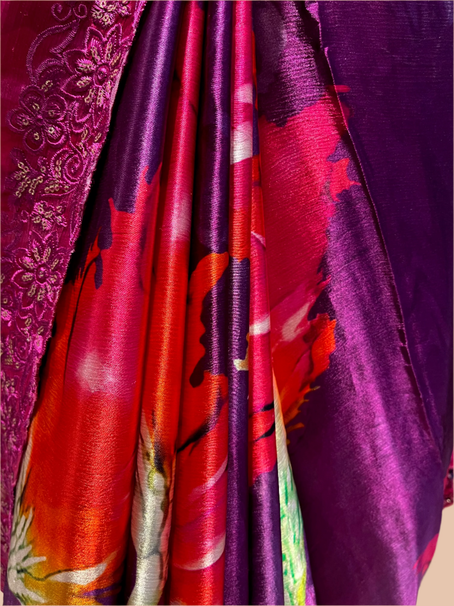PURPLE CHINON SATIN PRINTED SAREE WITH RESHAM EMBROIDERED BORDER