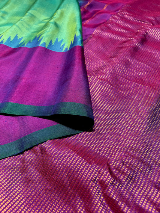 PARROT GREEN COLOUR PURE GADWAL SILK SAREE WITH CONTRAST BORDER EMBELLISHED WITH ZARI WEAVES