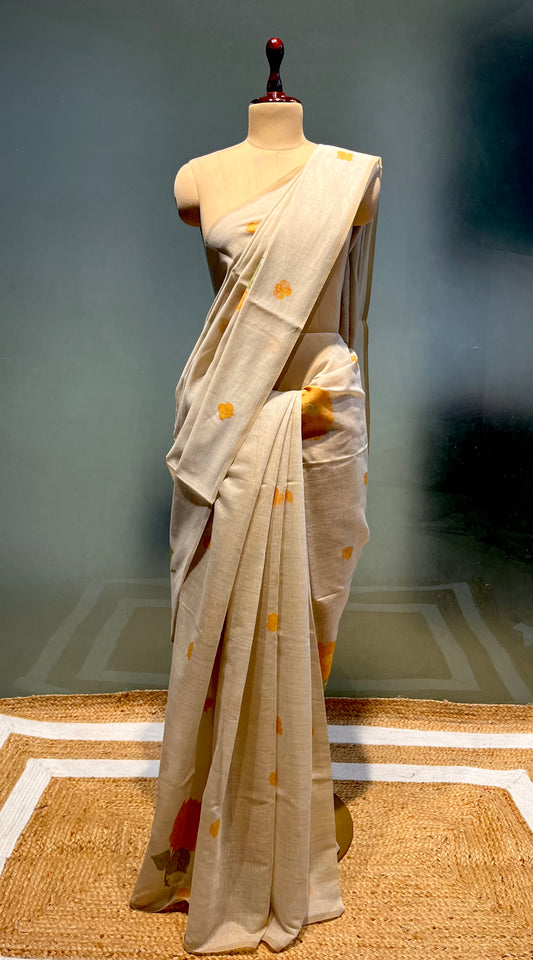 BEIGE COLOUR MUSLIN JAMDANI SAREE WITH MISTARD BLOUSE