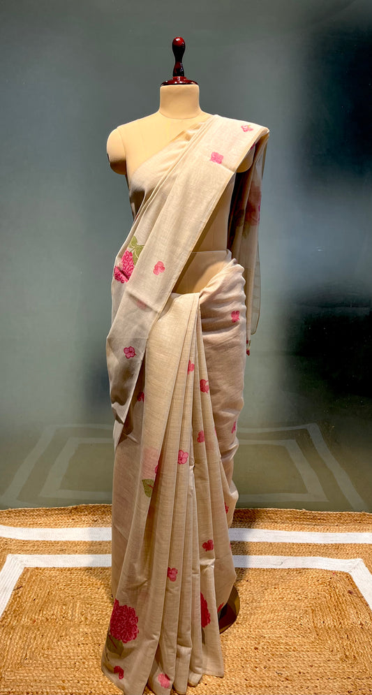 BEIGE COLOUR JAMDANI MUSLIN SAREE WITH PINK BLOUSE